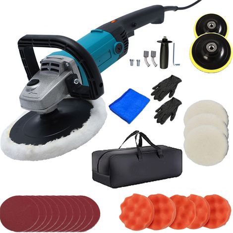 Pulidora eléctrica para coches de 1400 W con velocidad variable (0-3600 RPM), 6 discos, 10 almohadillas abrasivas, 3 almohadillas para carrocería y taller. (1/5)