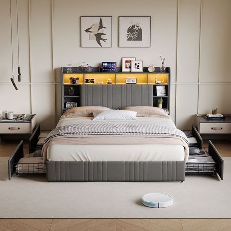 Cama doble - 140x200 capitoné lino gris - Almacenamiento 4 cajones - LED RGB integrada - Somier incluido