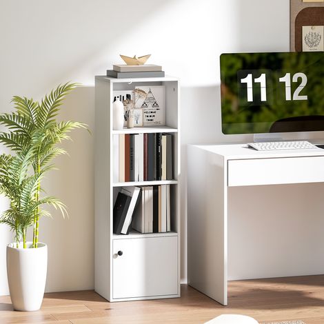 Libreria a 4 ripiani, moderna, con ripiani a giorno e anta, 40x30x120 cm, bianca.