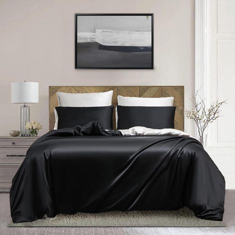 Bettwäsche-Set 135x200cm Schwarz Weiß Glanzsatin Wendebettwäsche mit Reißverschluss