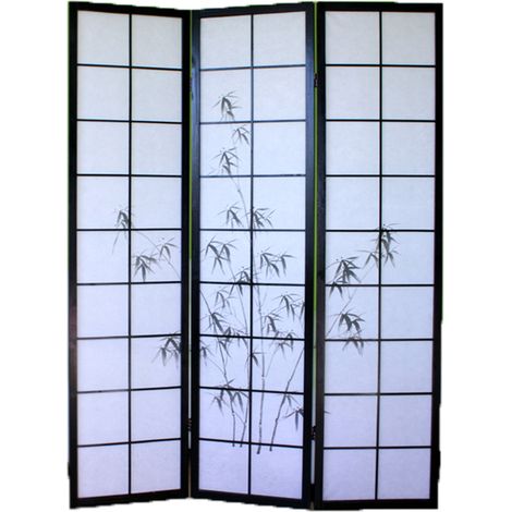 Pegane – Paravent bois noir 3 pans – Dessin bambou noir – Structure en bois verni – Charnières à double sens – Panneaux quadrillage et papier de riz