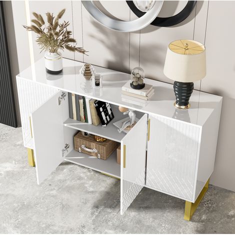 Aparador buffet de 4 puertas blanco brillo, MDF, 140 x 40 x 80 cm DESVIAE (1/5)