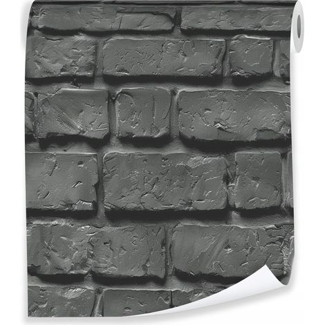 Papier peint avec briques noires 3D pour décorer les murs du salon – rouleau 0,5 x 10 m, intissé Wallarena