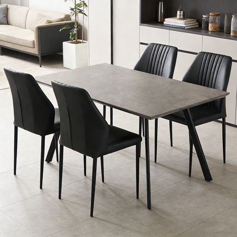 Ensemble de table à manger 120 cm en MDF avec chaises (4 chaises, cuir PU, noir)