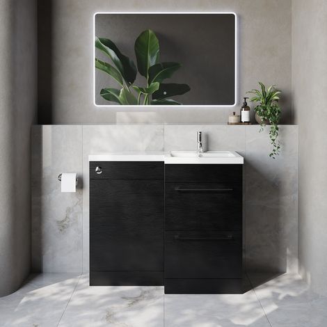 Napoli 390 Nero Oak 1000mm 2 Drawer Vanity Unit Toilet Suite with Right Hand Square Lucia Basin - 1000mm - Chrome 320mm HandleWithout Kingston Toilet Pan