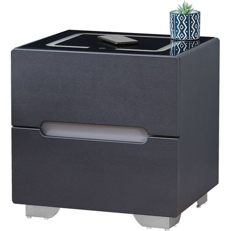 Bedside Table, Smart Night Stand with Wireless Charger, 3 Color Touch Control LED Light, Chest of 2 Drawer, Black (1/5)