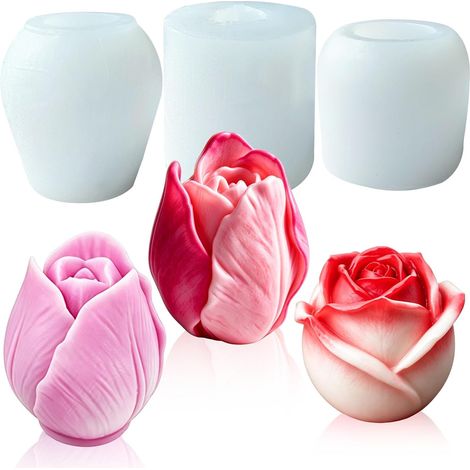 Moule bougie silicone forme de Tulipe 3D moules fleurs bougies Rose Moule Silicone Fleur Lot de 3 pour la fabrication de bougies, la décoration de gâteaux fondants Savons,Décoration Maison (1/5)