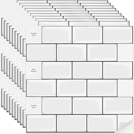 10 Pièces Autocollants Carrelage Mural, 30 x 30cm Crédence Adhesif, Carreaux Métro avec Joint Noir, Plaque Murale, Faience Adhesive, Credence 3D pour Cuisine, Salle Bain, Salons (Blanc) (1/5)