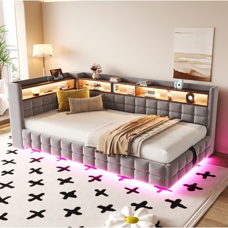 Sofá cama 90x200 cm gris claro de terciopelo con almacenaje hidráulico, LED y puertos USB-C (1/5)