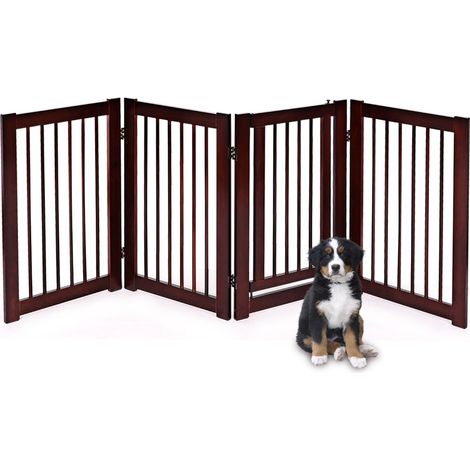 Barrière pour animaux 4 panneaux pliable en pin couleur café, porte traversante verrouillable, barrière autoportante modulable pour chien et chat (1/5)