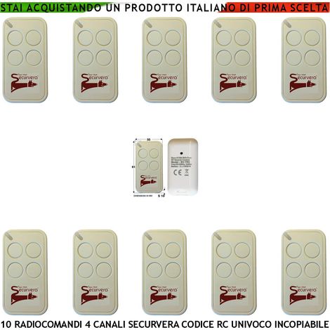 Radiocomando 10 Telecomandi Frequenza di Trasmissione 433,92 MHz 4 canali Potenza 1 mW Una Codifica di Sicurezza Univoca Securvera Led Segnalazione Funzione (1/3)