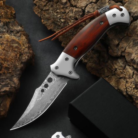 Klappmesser Damaststahl 67 Lagen VG10, Holzgriff, Einhandmesser mit Geschenkbox