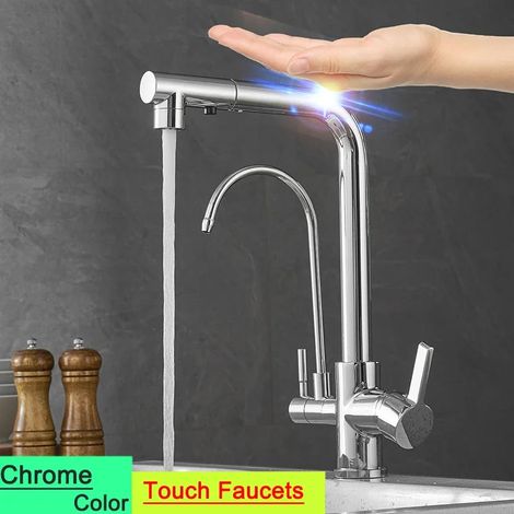 (9146--touch-chrome-G1/2) Nouveau robinet de cuisine tactile avec filtre, mitigeur thermostatique eau chaude/froide à douchette extractible et capteur d'eau pure. (1/5)