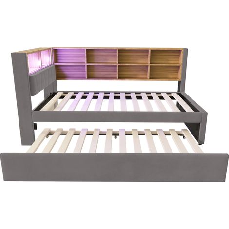 Cama multifuncional con cama nido 90 x 200 cm, LED, enchufes y almacenaje, terciopelo gris oscuro (1/5)
