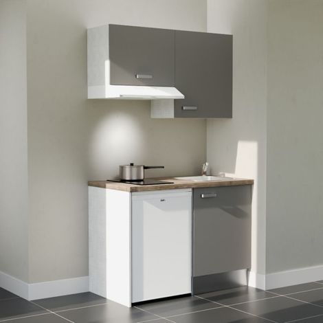 Kitchenette K01L-PT - 120 cm - plan stratifié, évier inox, - Façade Gris - Plan Bois - Evier Inox - Crédences Non + Electroménager inclus coloris Blanc