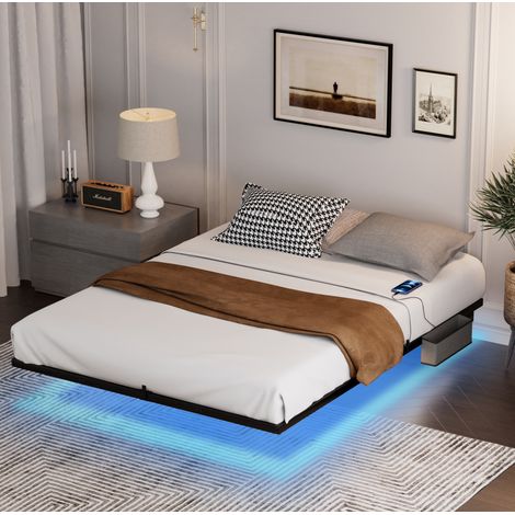 Cama flotante de metal 160x200 cm negra con LED y USB-C, sin colchón – MEUBLIV (1/5)