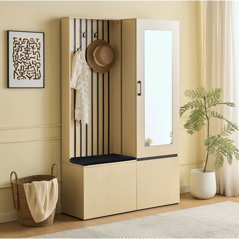 Mueble recibidor con espejo y banco, armario estrecho, MDF color madera (1/5)