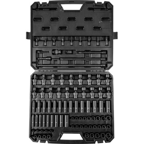 Jeu de douilles à chocs 3/8" 90 pièces, SAE 1/4-3/4" et métrique 6-19mm, acier Cr-Mo 6 pans, avec rallonges, cardan, adaptateur et coffret de rangement. (1/5)