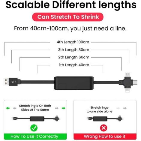 Câble USB Rétractable - Support Téléphone Portable - 4 En 1 Micro Lightning Type-C - Charge Et Transmission Données - 1 M (1/4)