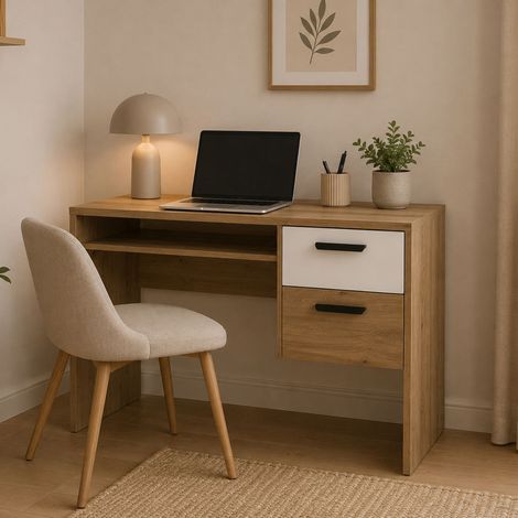 Escritorio Linimi, 2 Cajones, 2 Estantes, 1 Compartimento, 71x33x75h cm Roble Marrón Nudos (1/4)