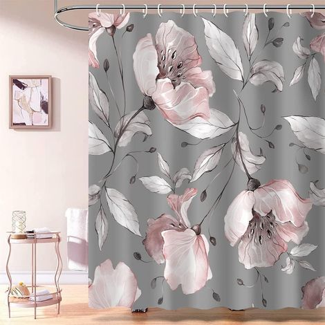 Lntyq Eleganter rosa Blumen-Duschvorhang, graues Blatt-Blumenmuster, grauer Stoff, Duschvorhang, Badezimmerdekor (1/5)