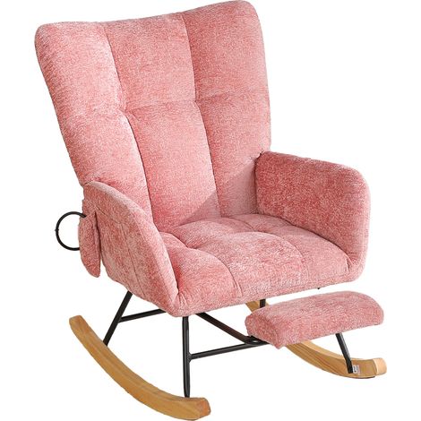Sedia a dondolo imbottita rosa in ciniglia con schienale alto e poggiapiedi (1/5)