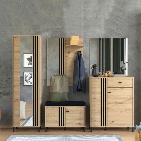 Mueble de Entrada Lalom, un Estante, 2 Puertas, con Patas, Asiento Cómodo, 80x40x52h cm Marrón Roble Nodado (1/5)