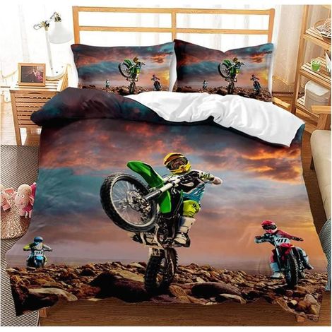 Ensemble de Housse de Couette 3D Moto Motocross avec Taie d'oreiller Couette de Course de Moto,Sports Extrêmes 240x260 cm,Vert - QHG (1/4)