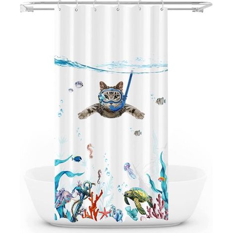 Ensemble rideau de douche motif chat mignon - Rideau de douche imprimé - Rideau de douche imperméable - Polyester - 180 x 180 cm - Bleu - Comprend 12 crochets blancs (1/4)