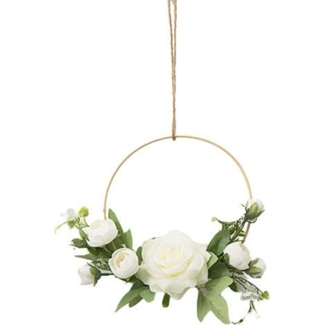 Couronnes De Fleurs Dorées À Accrocher Au Mur, Fleur Artificielle, Cadre Rond, Guirlande De Roses Roses (Blanc) (1/5)