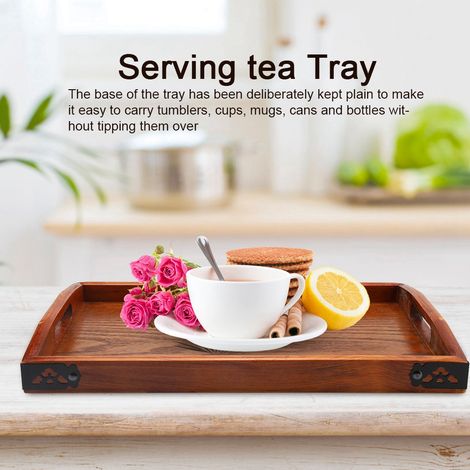 Grand plateau de service en bois pour thé, eau et autres boissons, avec poignée. Plateau de service pour le petit-déjeuner en bois. (1/5)