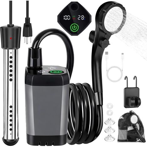 Douche de camping portable chauffée avec une alimentation rechargeable de 6000 mAh, un chauffe-eau à immersion de 2000 W et un écran d'affichage.