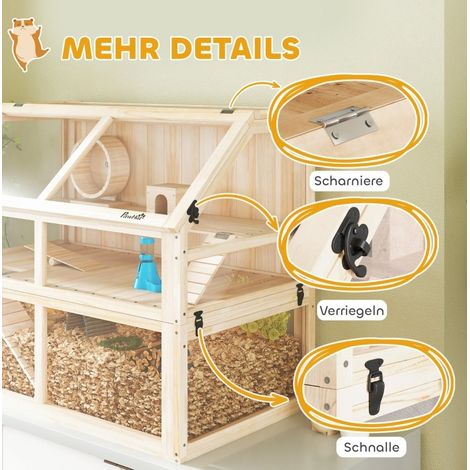 Cage à hamster en bois naturel 3 étages avec balançoire, roue, maison 95 x 53 x 76 cm (1/5)