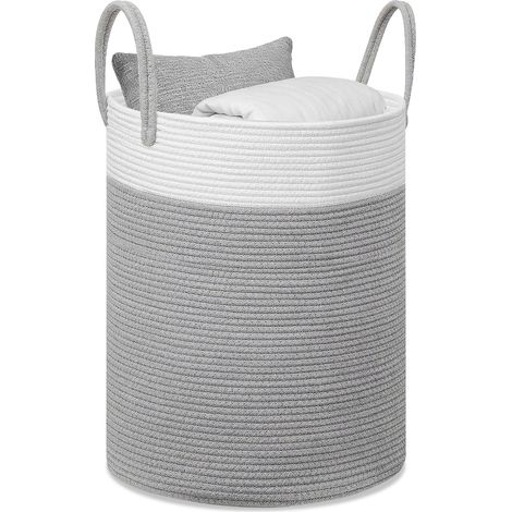 Panier à linge tressé 58 L, panier de rangement avec poignées, jouets chambre enfant salon, 38 x 50 cm, blanc et gris (1/5)