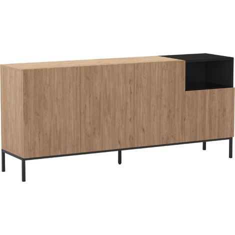Buffet 4 portes 1 niche en mélaminé imitation bois et noir piètement métal laqué noir - CALLAS