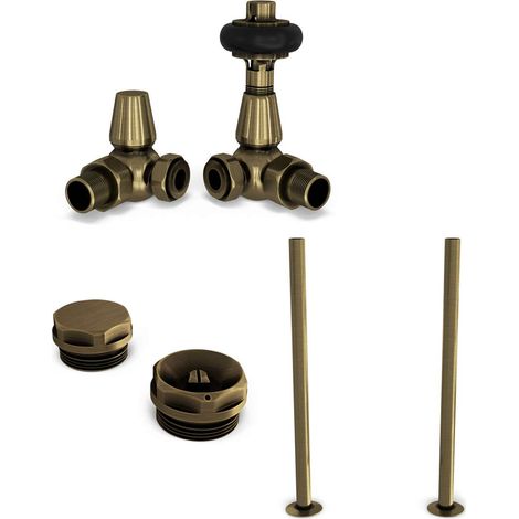 Signature Wooden Head - Thermostatic Radiator Valve & Installation Kit - Antique Brass Corner 15mm