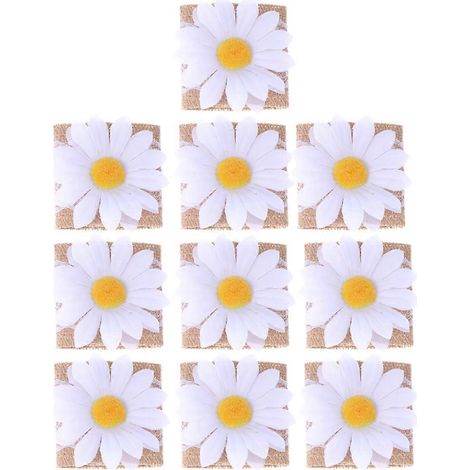 Lot de 10 ronds de serviette en lin naturel, motif tournesol et marguerite.-M