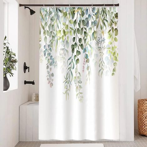 1 Rideau Douche, 120x200cm, Motif Feuilles Eucalyptus, Tissu Polyester Imperméable, Avec 8 Crochets, Pour Salle de Bain