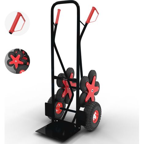 Diable d'escalier 200 kg – 12 roues en caoutchouc – Construction en fer – Réglable en hauteur – Poignées ergonomiques – Maxcraft
