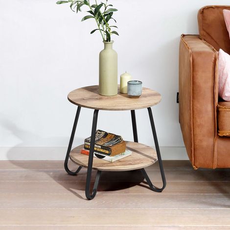 Table d'appoint ronde 2 plateaux 46x45 cm décor bois et métal noir
