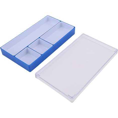 BelleRise - Boîte rangement horlogerie – 4 compartiments amovibles – tri vis bijoux – pour atelier réparation – bleue
