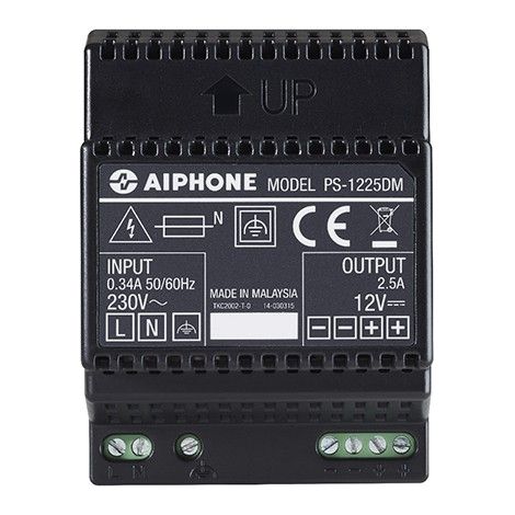Aiphone – Alimentation 230 Vac / 12 Vcc – 2,5 A – Accessoire pour interphone et visiophone – Fixation sur rail DIN de 4 modules