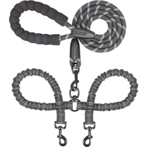 Laisse double pour chien – Pivotante à 360°, anti-emmêlement, avec élastique absorbant les chocs pour deux chiens (grande, 25 à 150 lb, noire) (1/4)