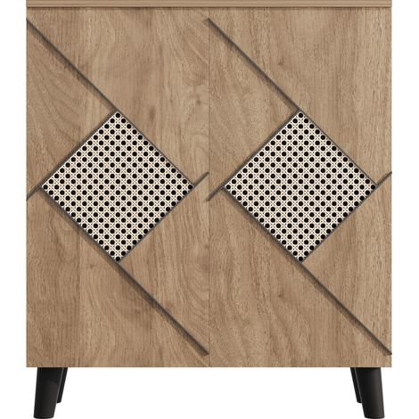 Zapatero moderno de 80 x 32 x 91 cm con puertas y detalle decorativo de ratán, color madera (1/5)