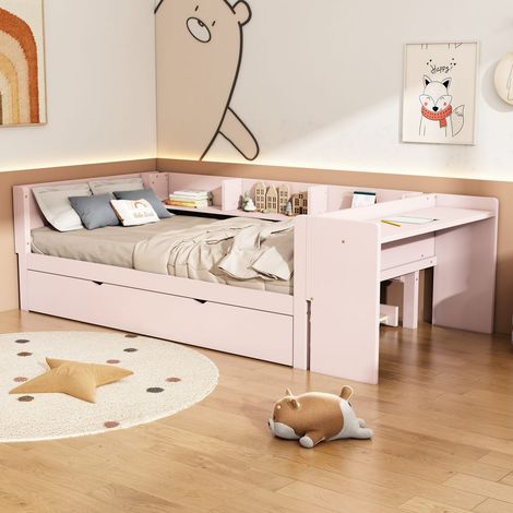Lit combiné 90 x 200 cm avec lit escamotable, bureau et 3 étagères – lit enfant moderne rose (1/5)