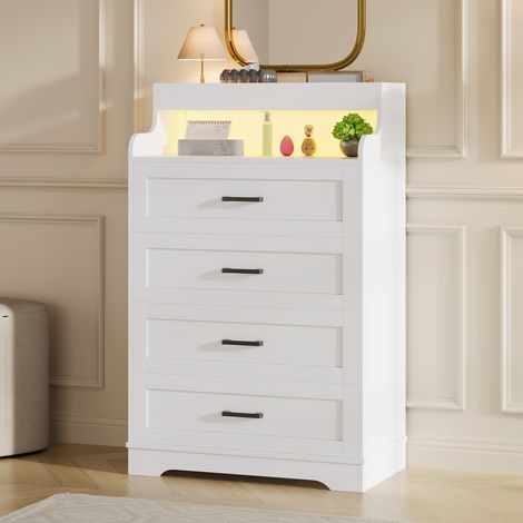 Commode à 4 tiroirs, buffet, armoire multifonction, armoire de couloir avec LED, buffet, armoire de cuisine avec port de charge USB, buffet, armoire de rangement, blanc (1/5)