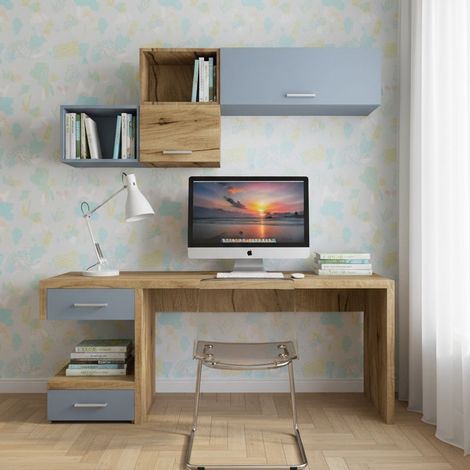 Angolo studio moderno con cassettiera sfalsata per cameretta - Quercia e Avio