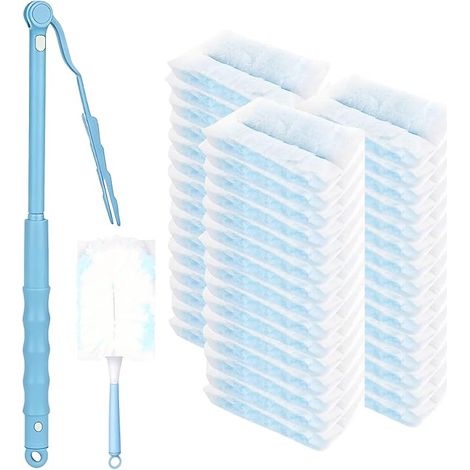 52 Pcs Dust Duster Refills, 50 Cloths, 2 Handles, Disposable Magnetic Duster for Cleaning Dirt, Pet Hair and Dust (Blue) (1/4)