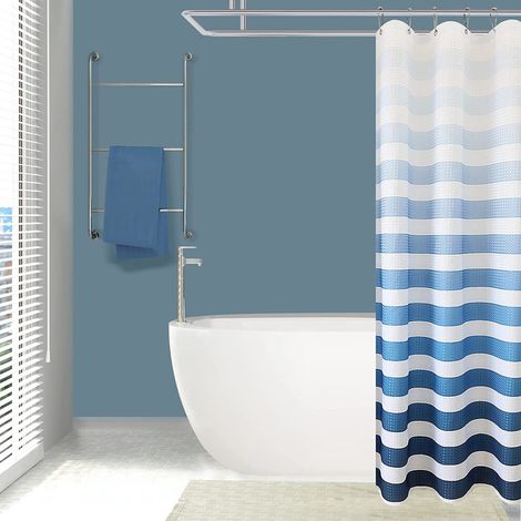 Rideau de douche en tissu texturé, 36 x 72 pouces, rayures bleues dégradées, avec 12 crochets, convient pour une utilisation dans la salle de bain.
