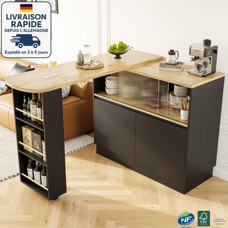 Table de bar moderne rotative à 360° 90 x 45 x 100 cm avec étagères de rangement ouvertes, 2 portes vitrées, MDF, noir (1/5)
